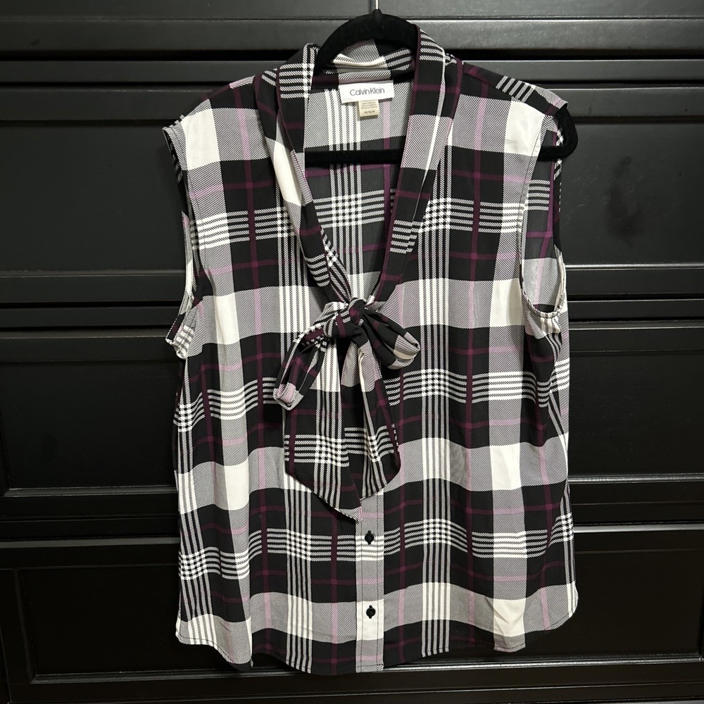 Calvin Klein Purple Tartan Plaid Sleeveless Tie Front Blouse Women's Size Medium